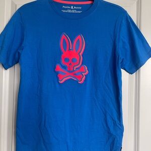 Psycho Bunny Blue Tee with Neon Pink Bunny Skull Graphic
